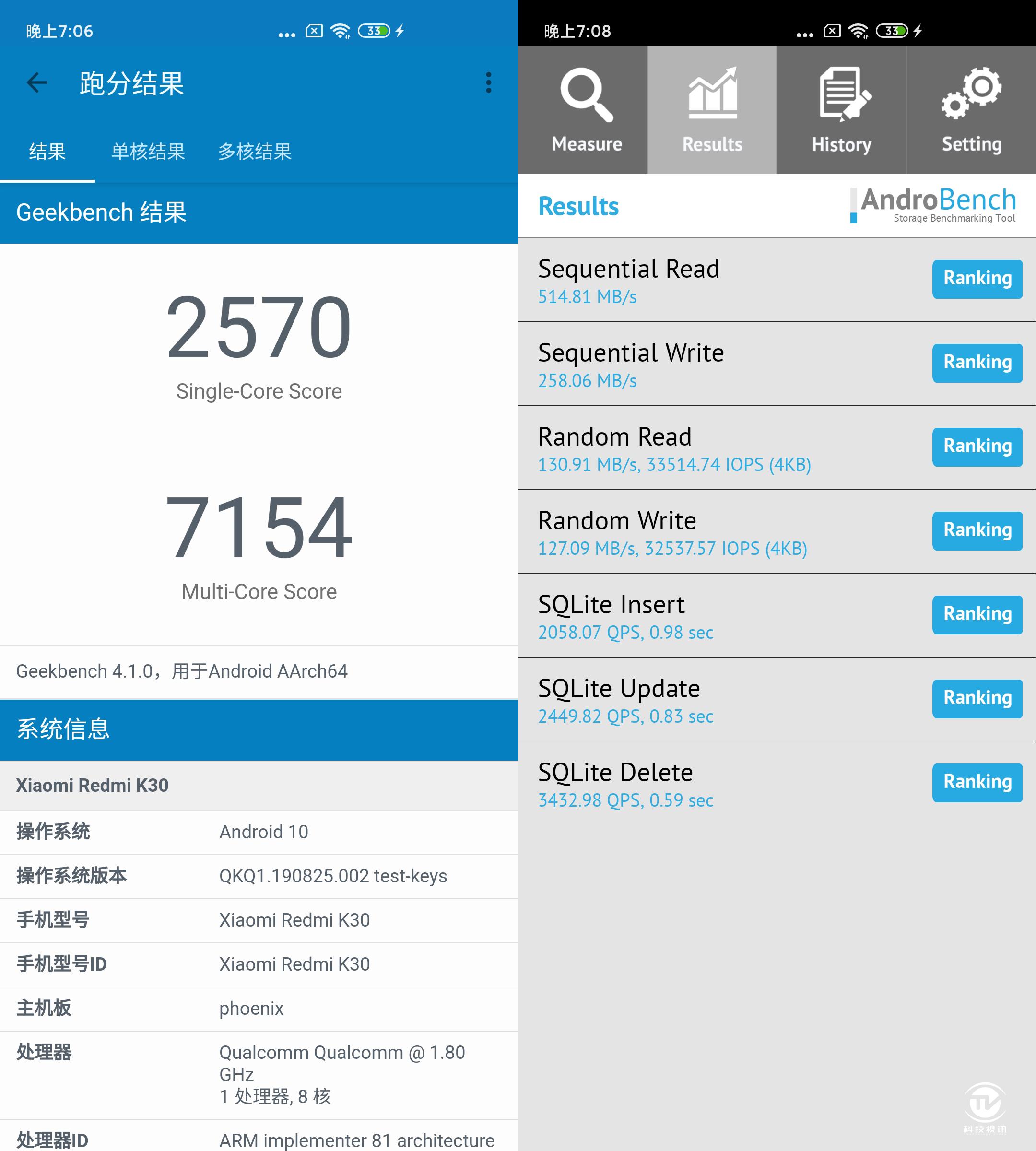 跑分测试,在知名处理器性能评测软件geekbench中,redmi k30单核得分